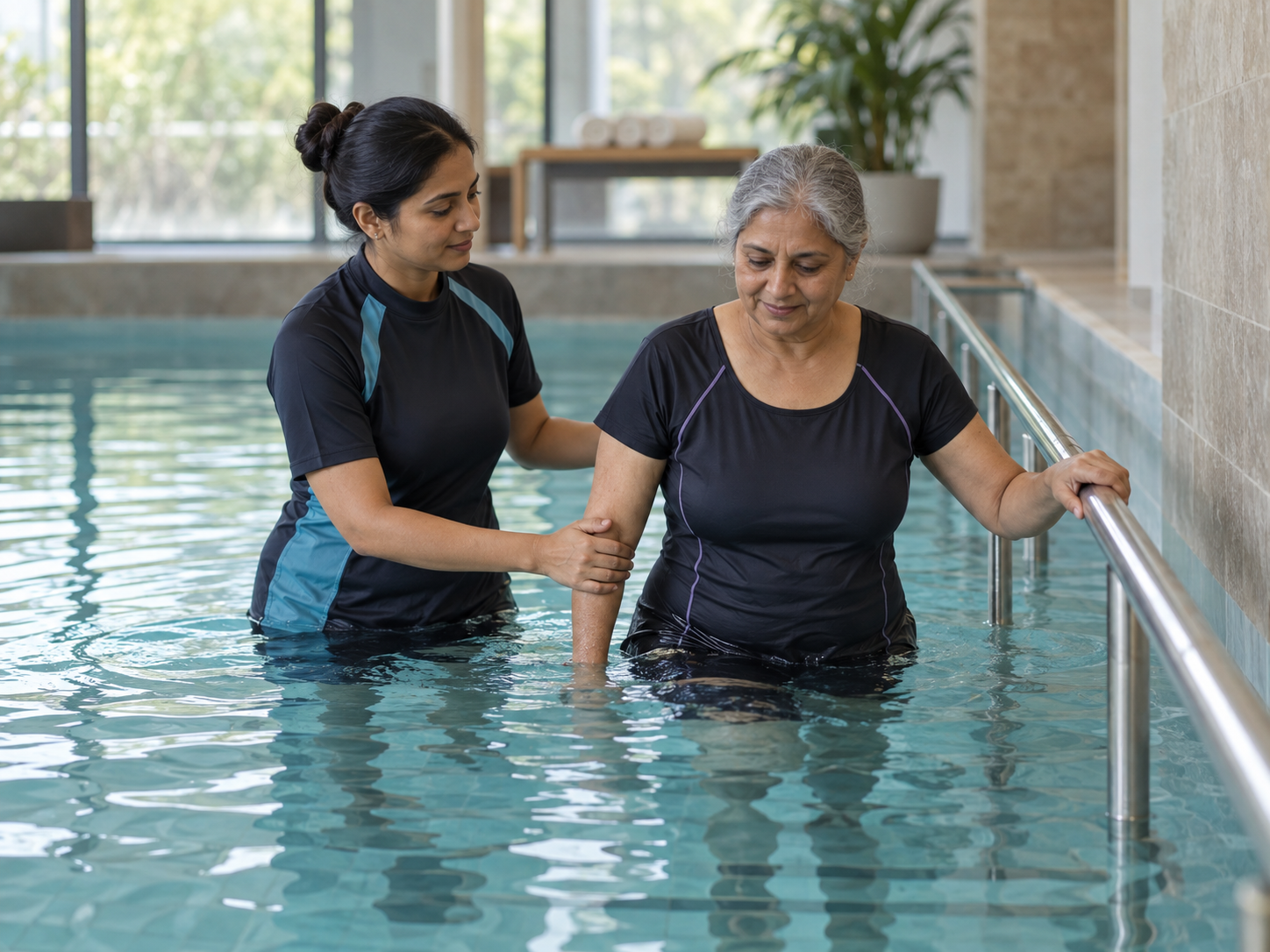 Therapist guiding a patient through aquatic rehabilitation