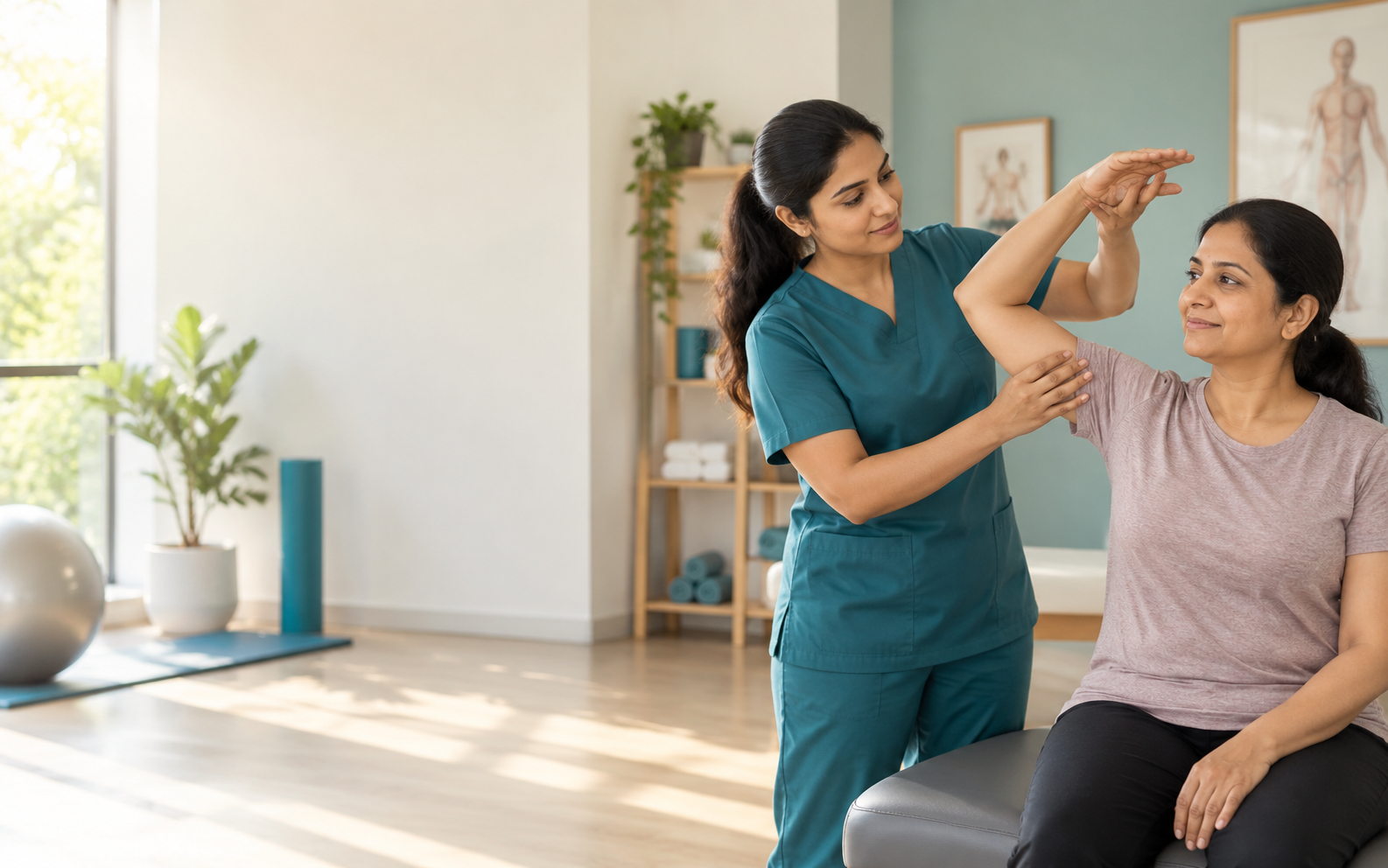 Physiotherapist guiding a patient through shoulder rehabilitation